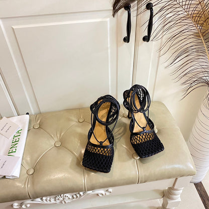 STRETCH LACE-UP SANDAL IN BLACK METALLIZED MESH AND LEATHER 9 CM
