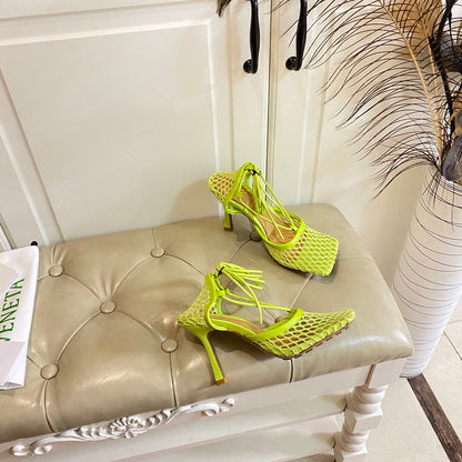 STRETCH LACE-UP SANDAL IN NEON GREEN METALLIZED MESH AND LEATHER 9 CM