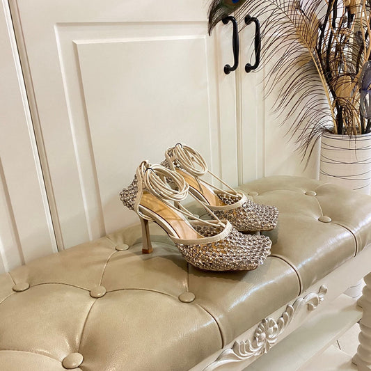 LACE-UP SANDAL IN WHITE CREAM METALLIZED MESH AND LEATHER WITH RHINSTONES 9 CM