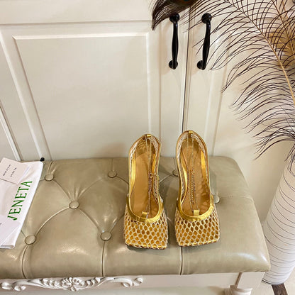 STRETCH LACE-UP SANDAL IN GOLD METALLIZED MESH AND LEATHER 9 CM