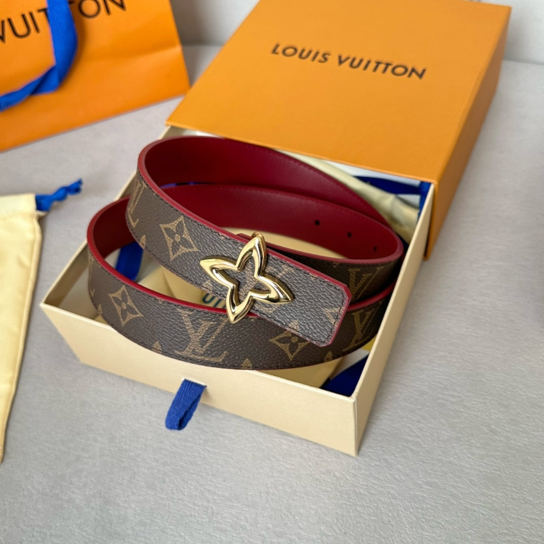 LV Flowergram 30mm Reversible Belt Gold Buckle Burgundy Brown Leather