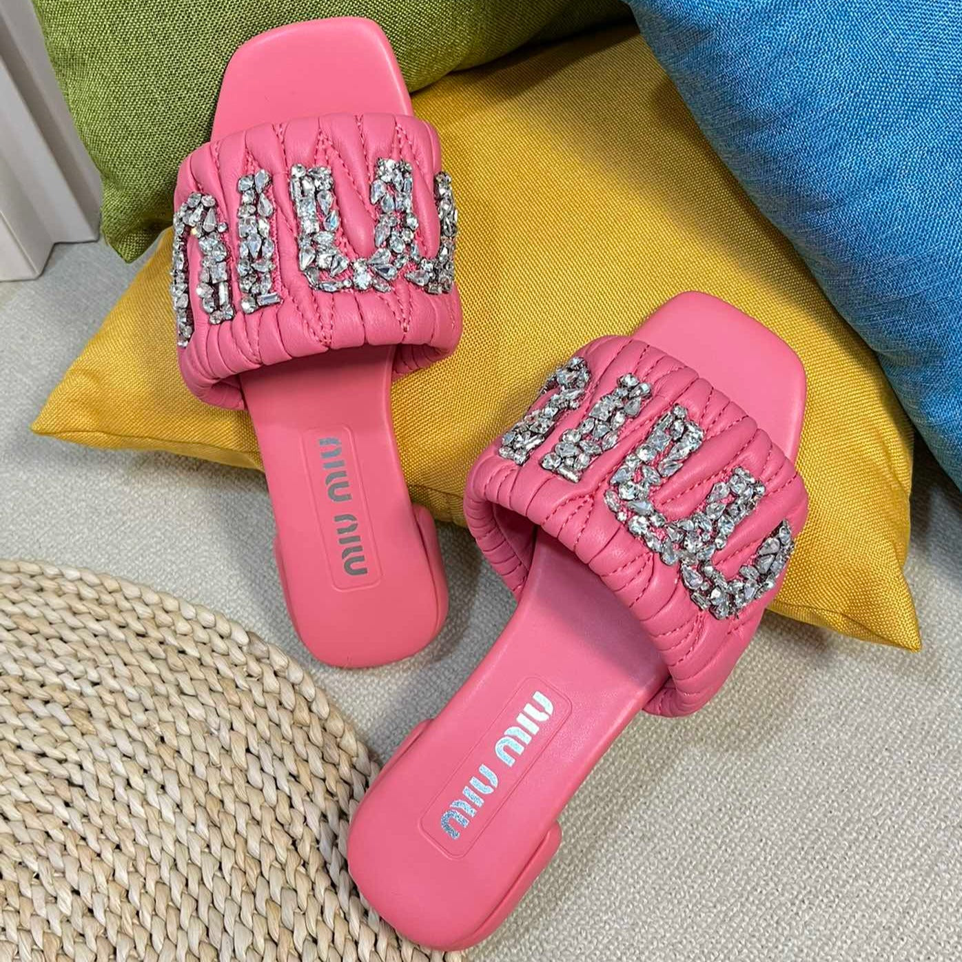 Women's Neon Pink Leather Diamond Slippers
