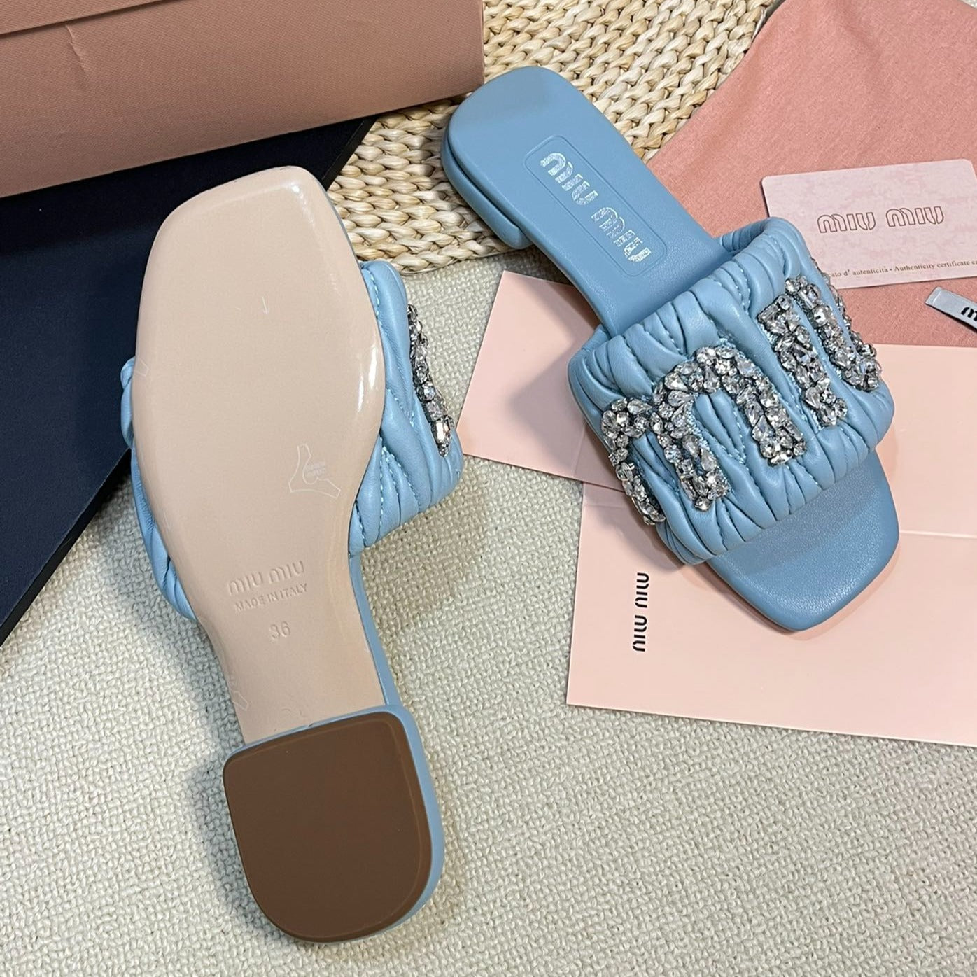 Women's Sky Blue Leather Diamond Slippers