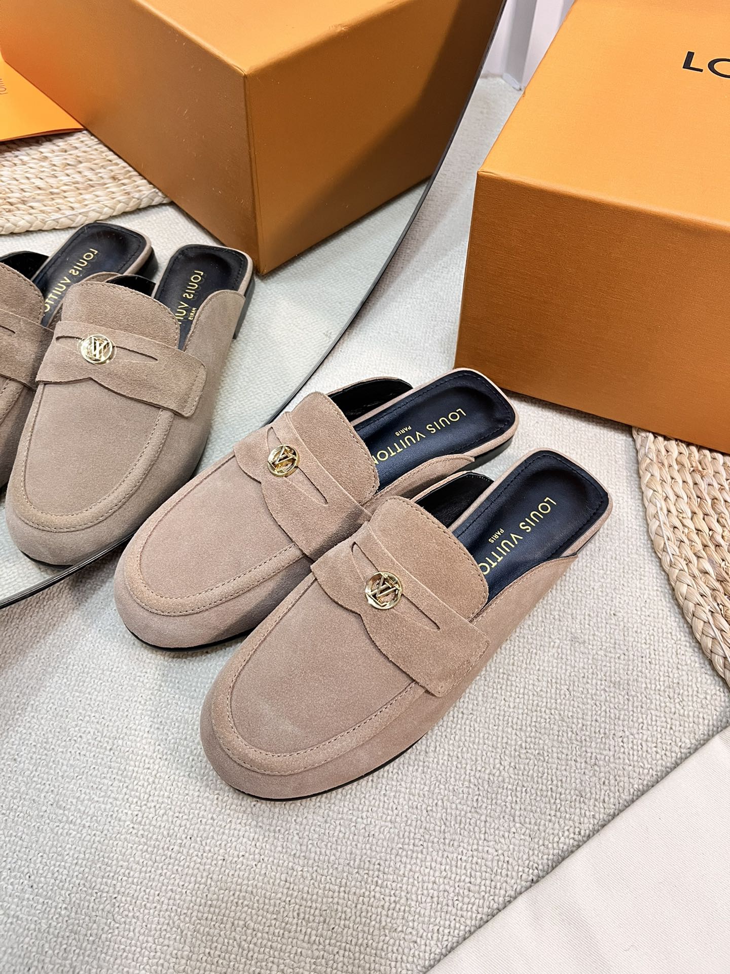 LV CAPRI OPEN BACK LOAFERS IN MEDIUM BROWN SUEDE