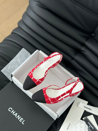 HIGH SLINGBACK IN CHERRY RED TWEED AND BLACK LAMBSKIN
