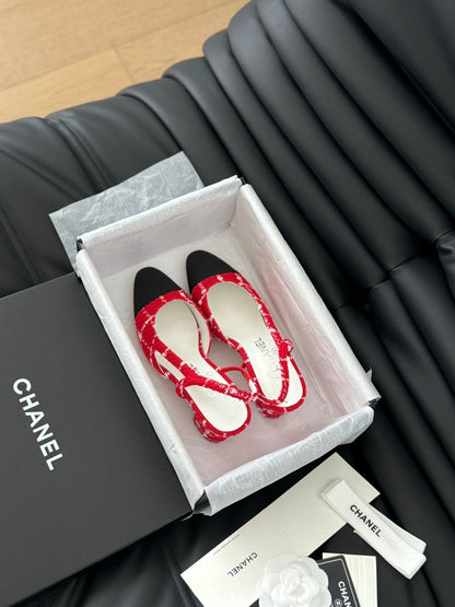 HIGH SLINGBACK IN CHERRY RED TWEED AND BLACK LAMBSKIN