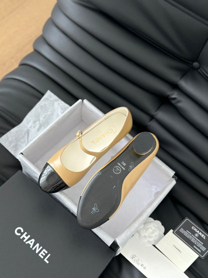 CC MARY JANE SHOES IN SEPIA BEIGE MIX BLACK LAMBSKIN WITH GOLD HARDWARE