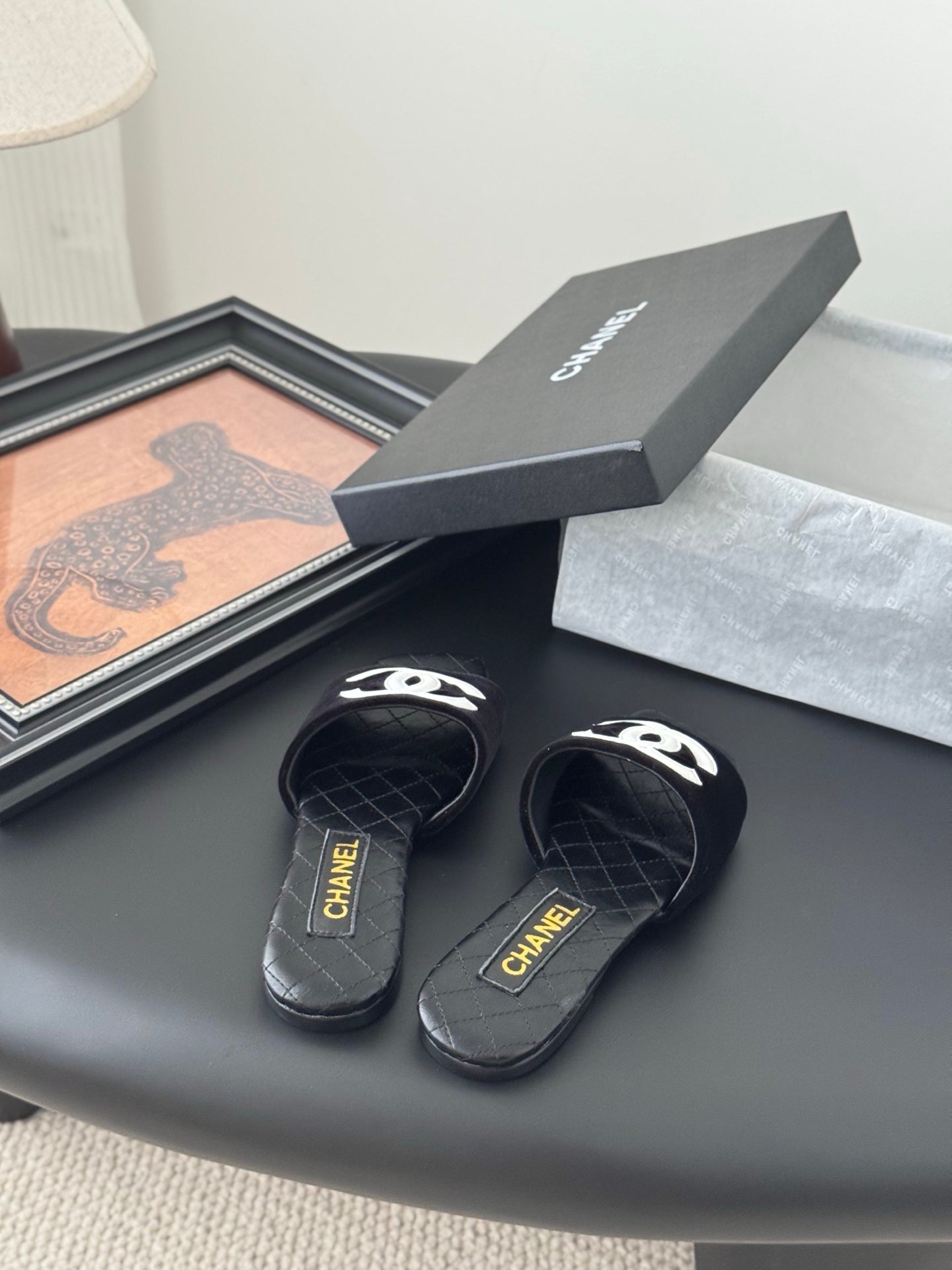 SLIPPER IN BLACK CALFSKIN MIX VELVET