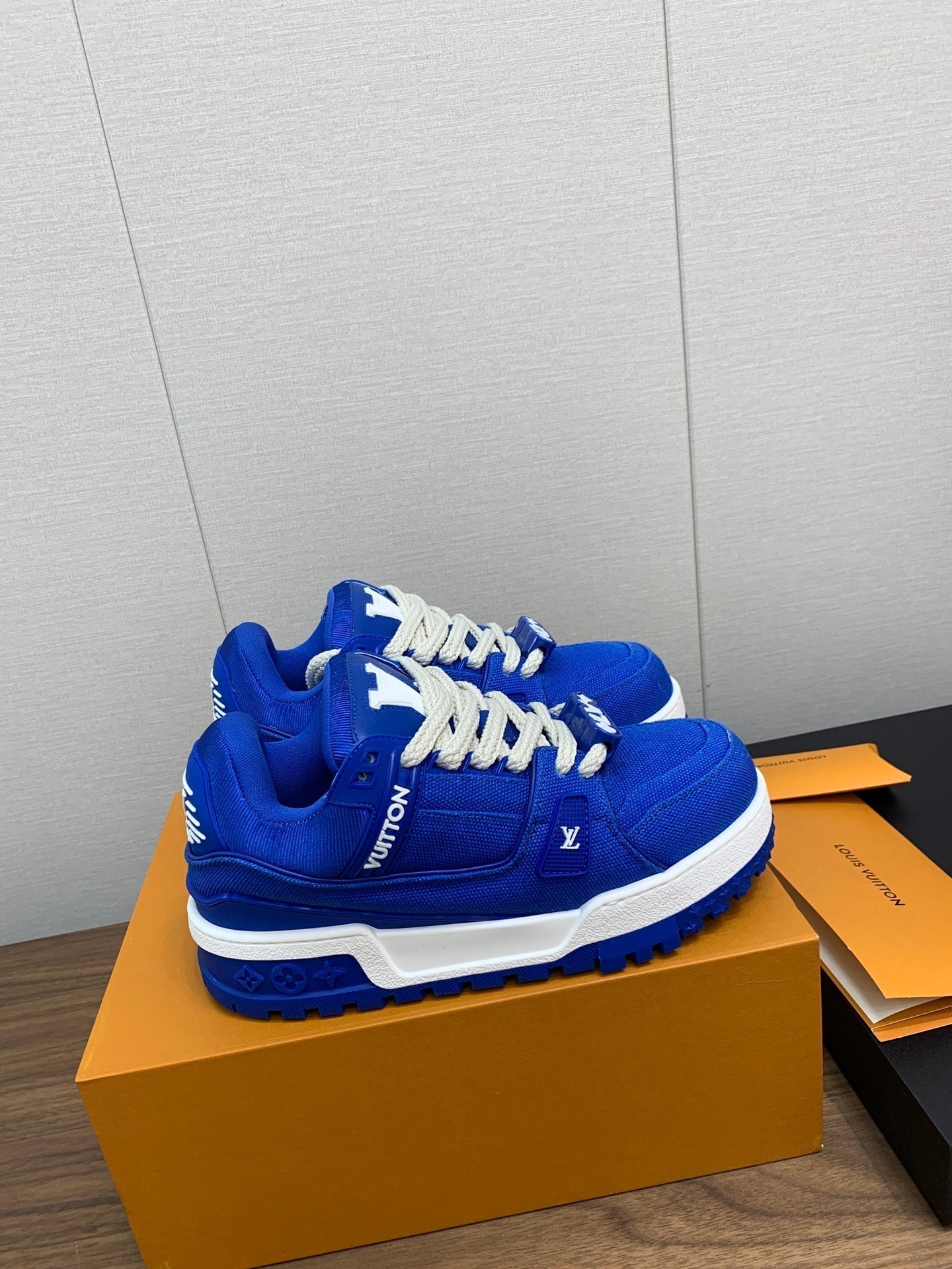LV WOMEN'S TRAINER IN COBALT BLUE JACQUARD AND CALFSKIN