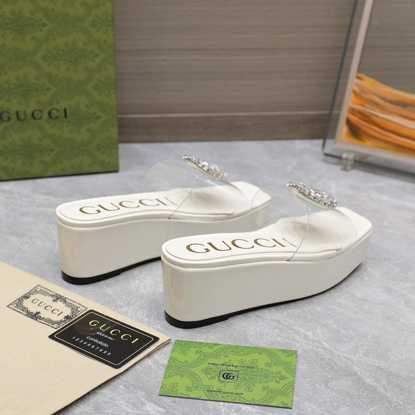 HIGH WEDGE PLATFORM IN WHITE GLOSSY CALFSKIN WITH DOUBLE CRYSTAL G BUCKLE