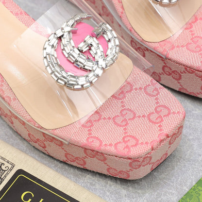 HIGH WEDGE PLATFORM IN LIGHT PINK CANVAS WITH DOUBLE CRYSTAL G BUCKLE
