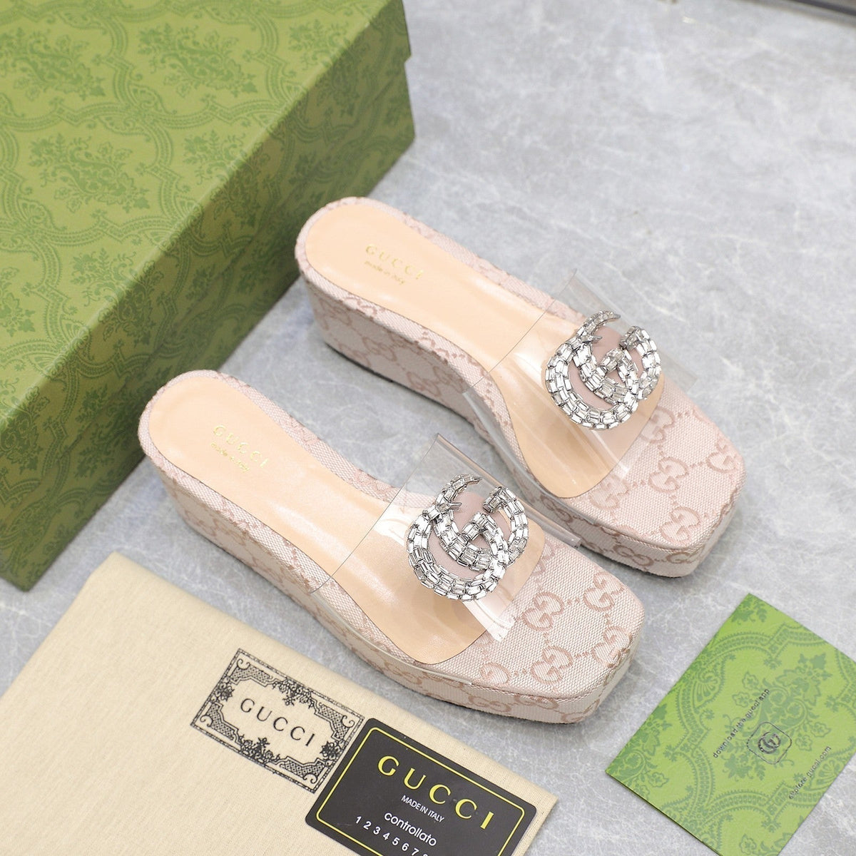 HIGH WEDGE PLATFORM IN ALMOND BEIGE CANVAS WITH DOUBLE CRYSTAL G BUCKLE