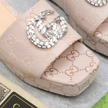 HIGH WEDGE PLATFORM WITH DOUBLE G IN ALMOND BEIGE CANVAS