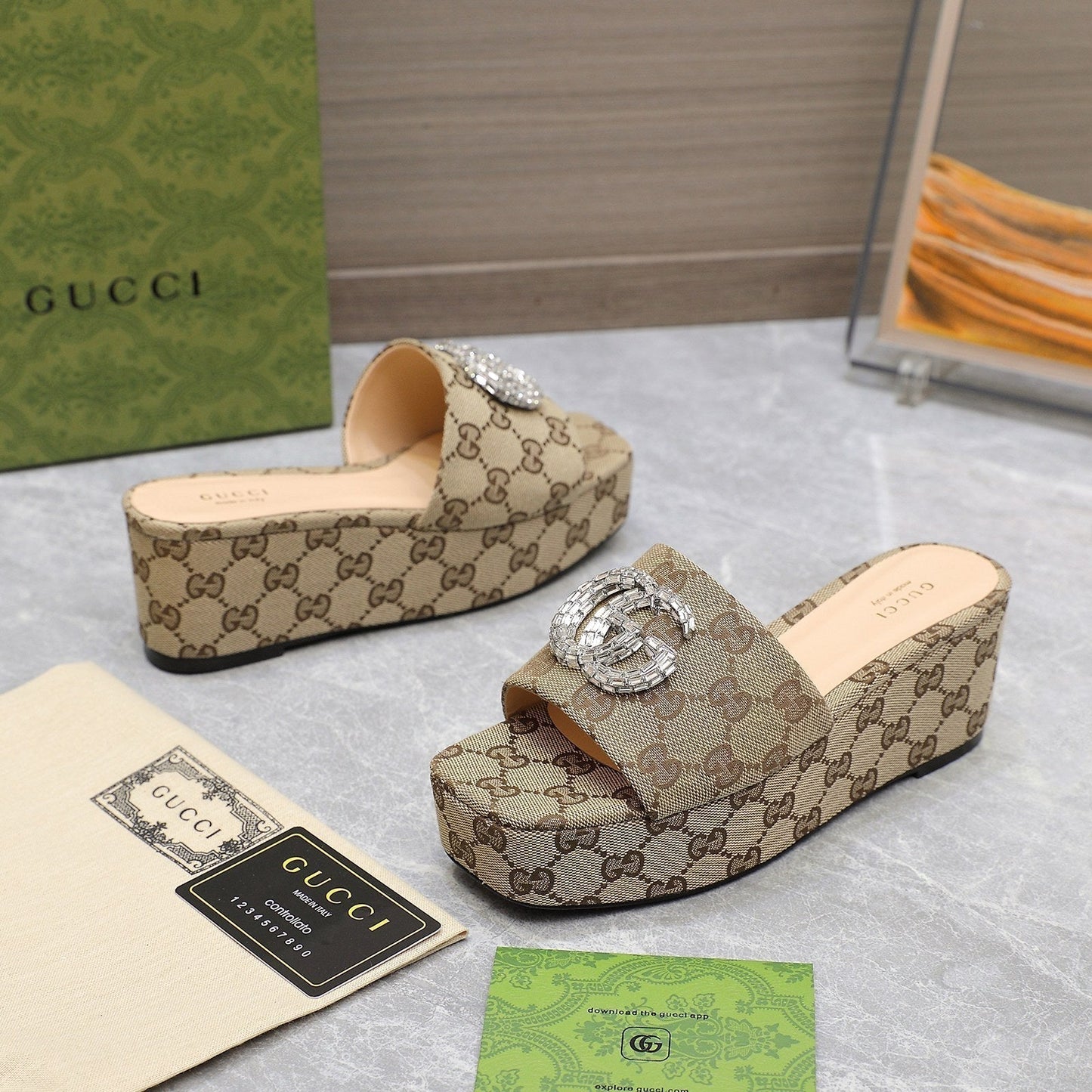 HIGH WEDGE PLATFORM WITH DOUBLE G IN CAMEL BEIGE CANVAS