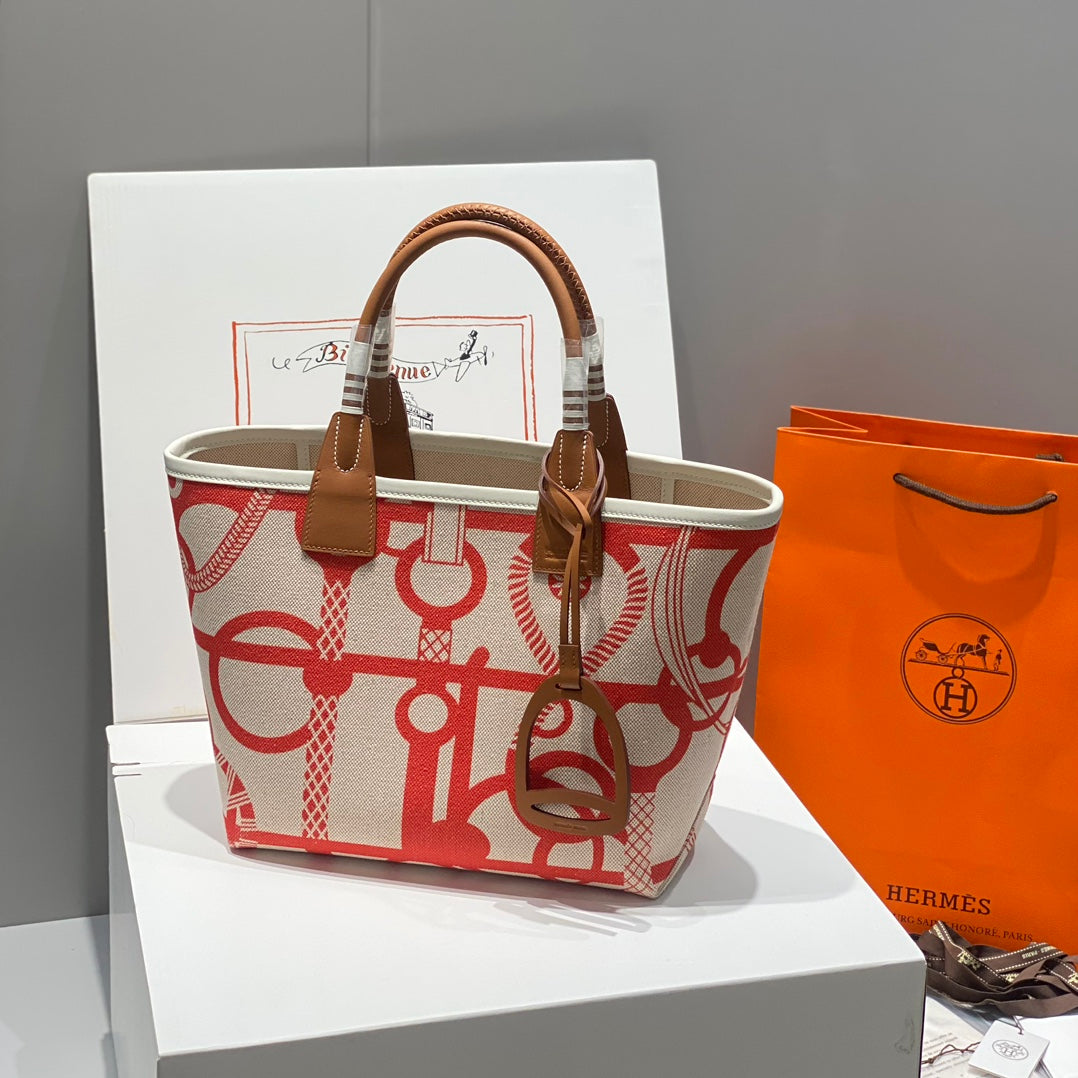 STEEPLE 28 BAG IN OFF-WHITE MIX LIGHT RED CANVAS AND BROWN SWIFT LEATHER