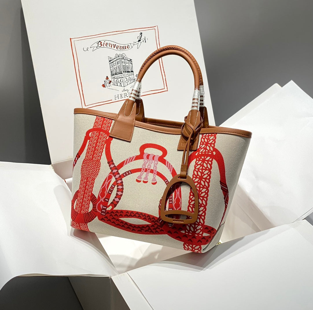 STEEPLE 28 BAG IN OFF-WHITE MIX RED CANVAS AND BROWN CALFSKIN