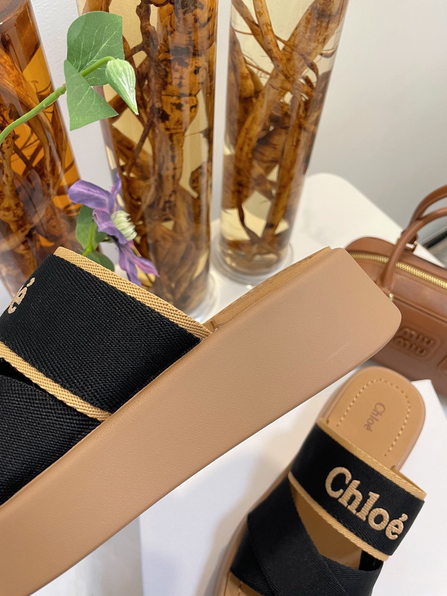 WOODY WEDGE SANDALS IN BLACK CANVAS WITH CIDER BROWN RUBBER SOLE