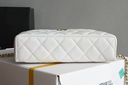 COSMETIC BAG 19 IN WHITE GRAINED CALFSKIN GOLD HARDWARE