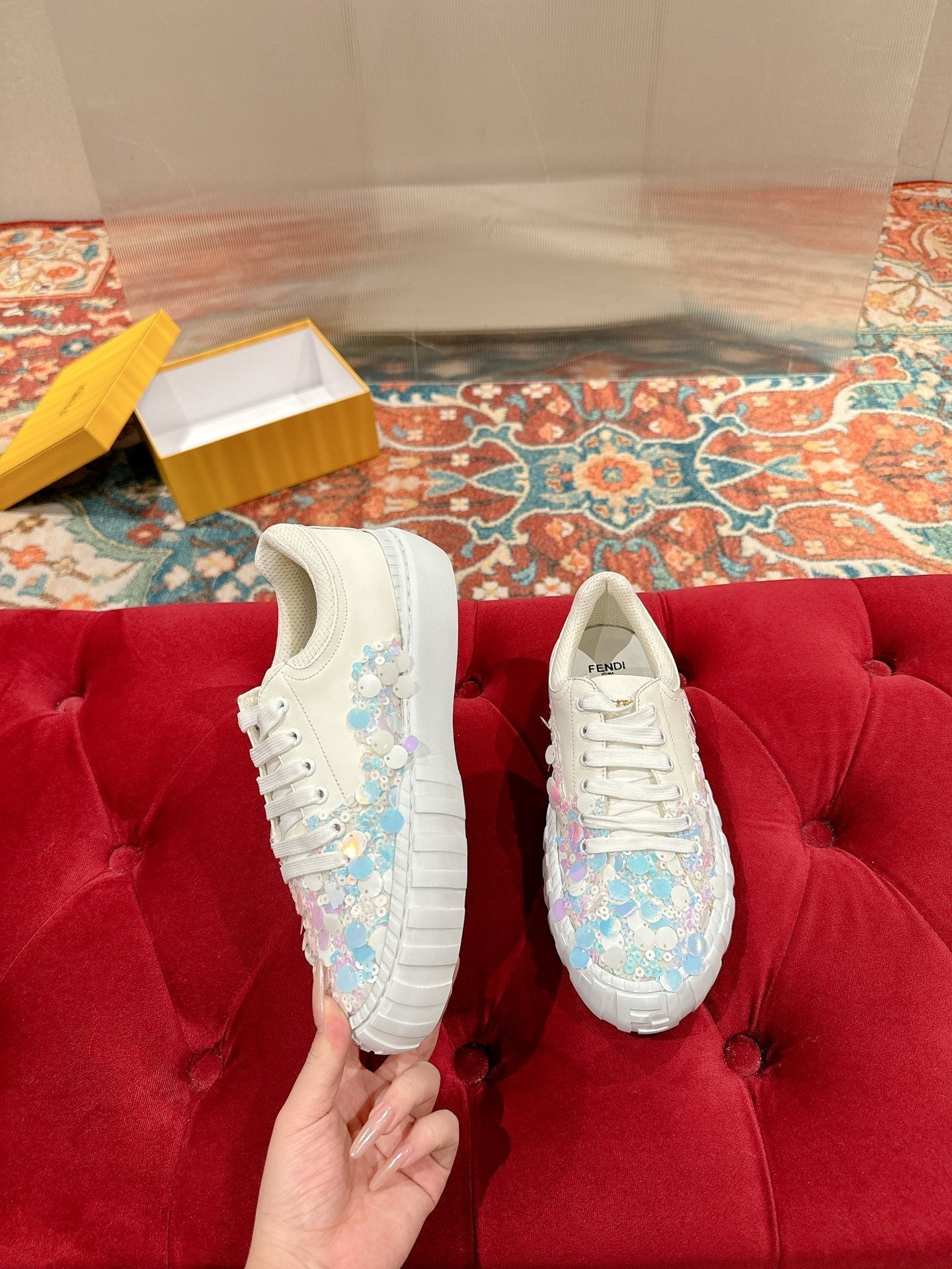 RUNWAY SEQUIN CASUAL SHOES IN WHITE CALFSKIN