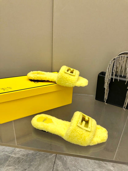 FENDI BAGUETTE SLIDE SLIPPERS IN BRIGHT YELLOW WOOL