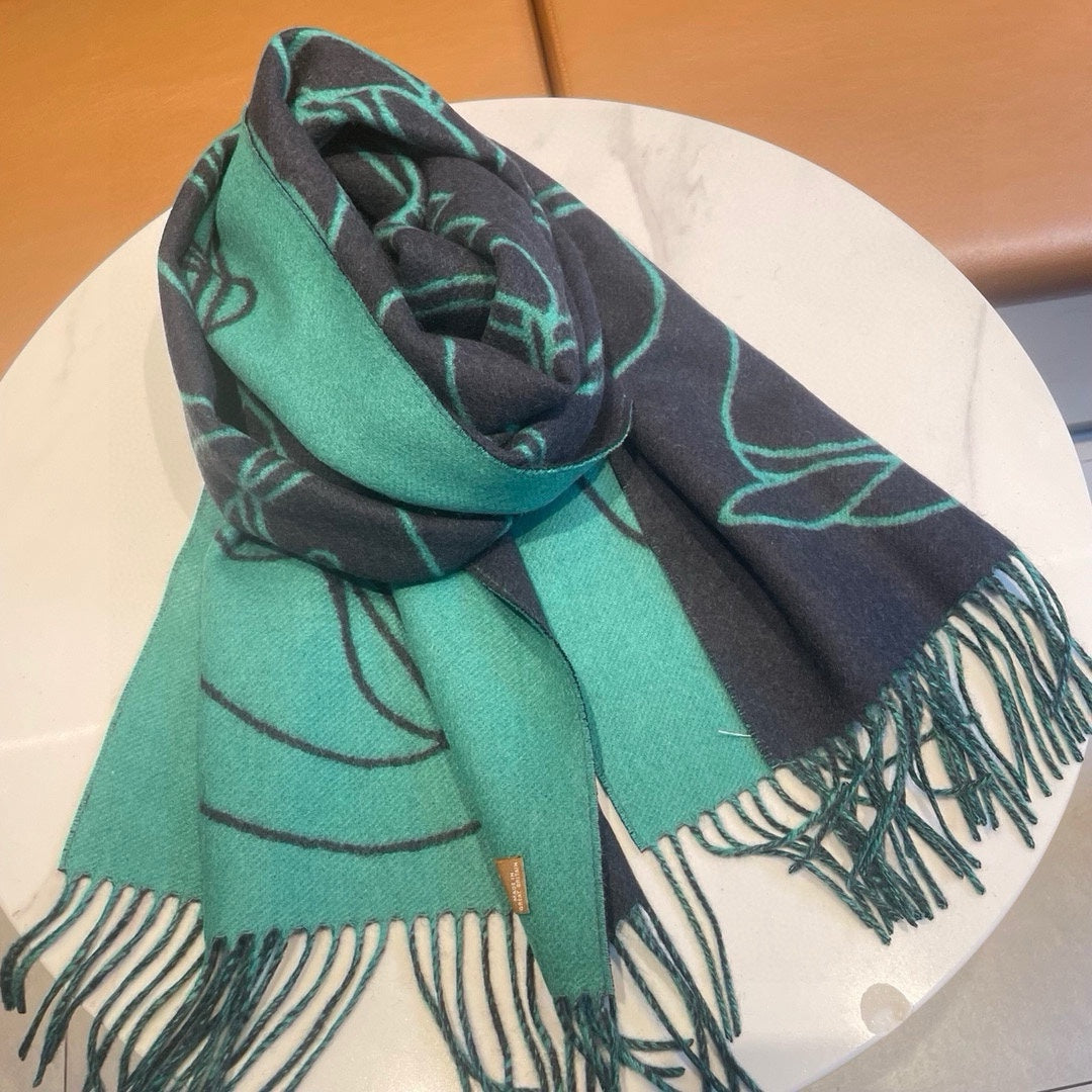 CASAQUE ENTRELACS EQUESTRES 190 CM SCARF IN PERSLAN GREEN CASHMERE