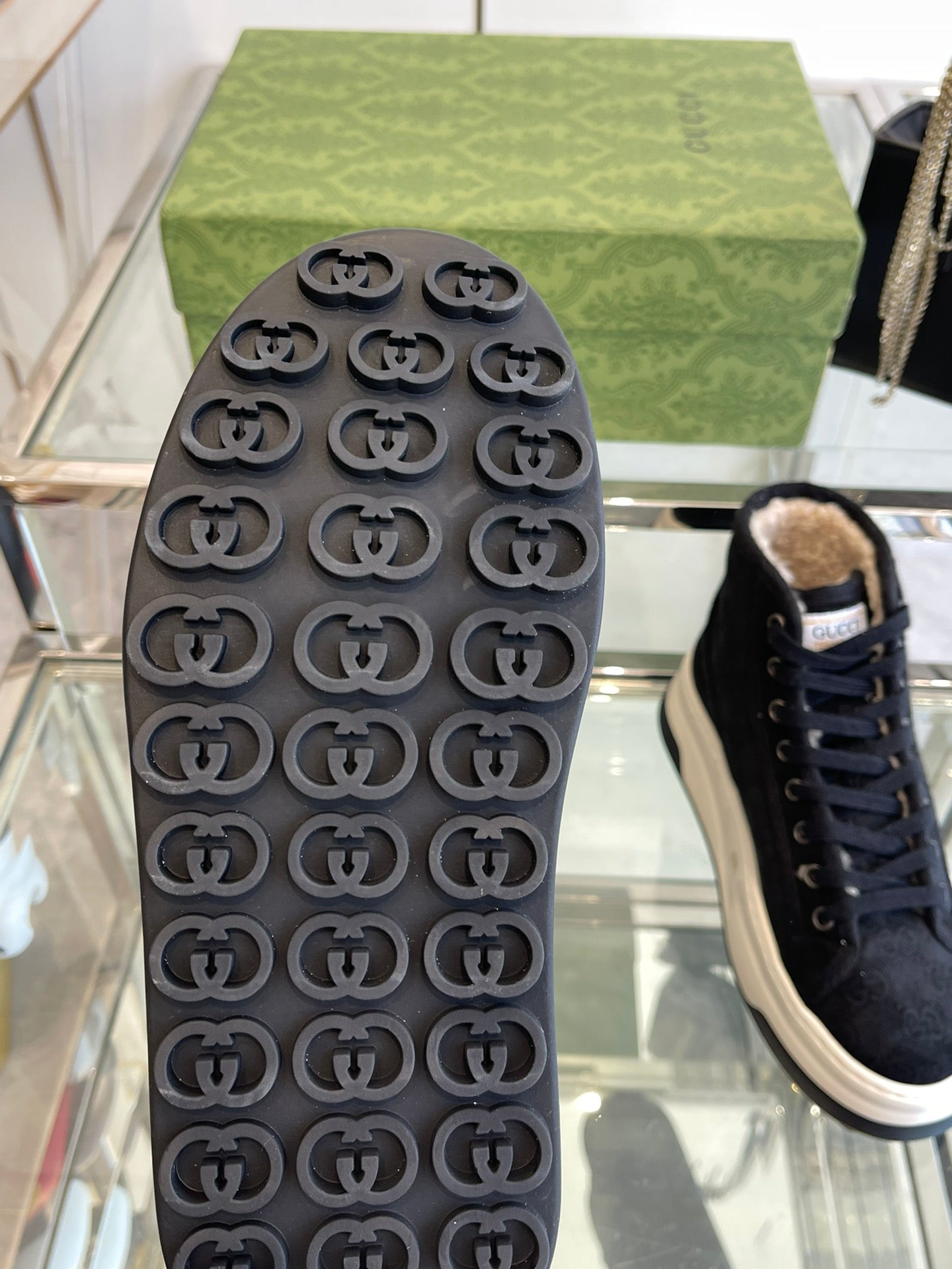 GG HIGH TOP SNEAKER IN BLACK CANVAS WITH BEIGE FLEECE LINING