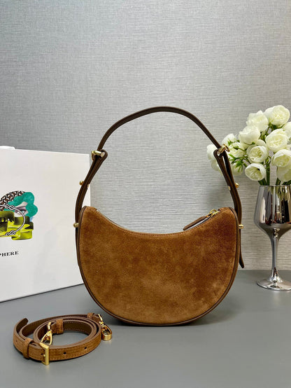 MOON HANDBAG 22 IN RUSSET BROWN SUEDE