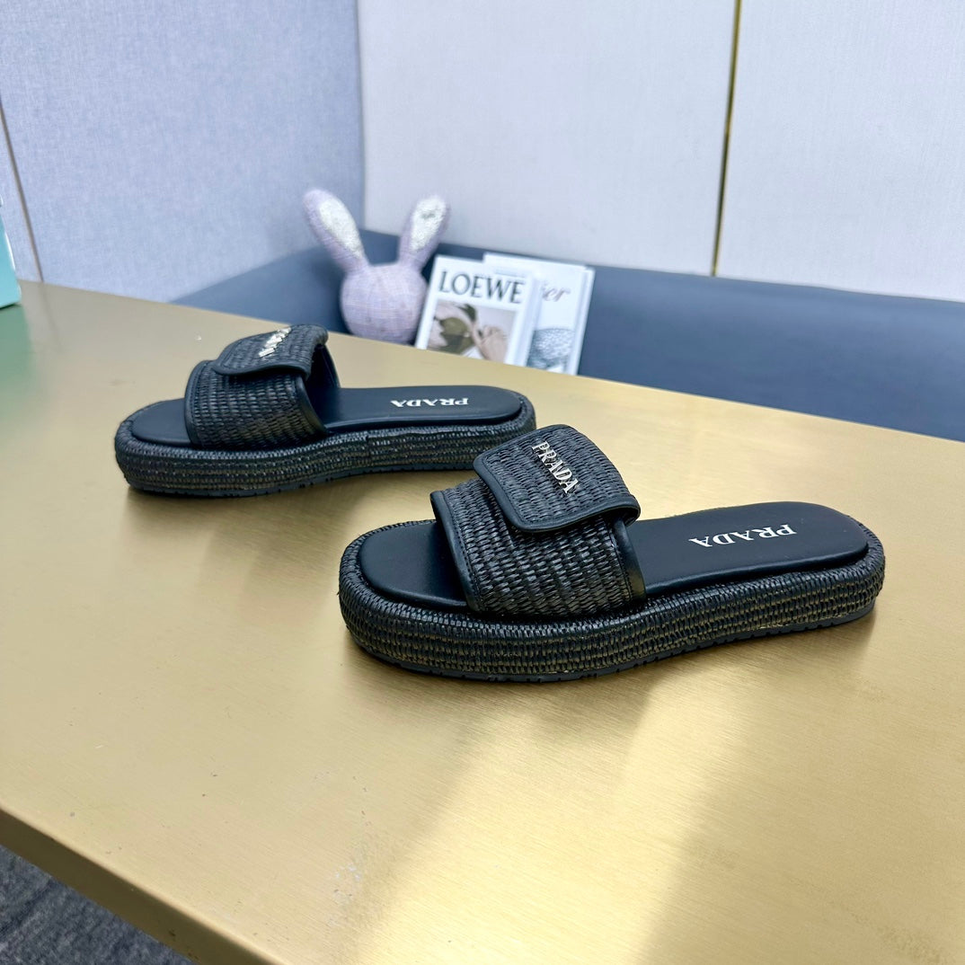 PRA CROCHET SLIDES SLIPPERS BLACK RAFFIA