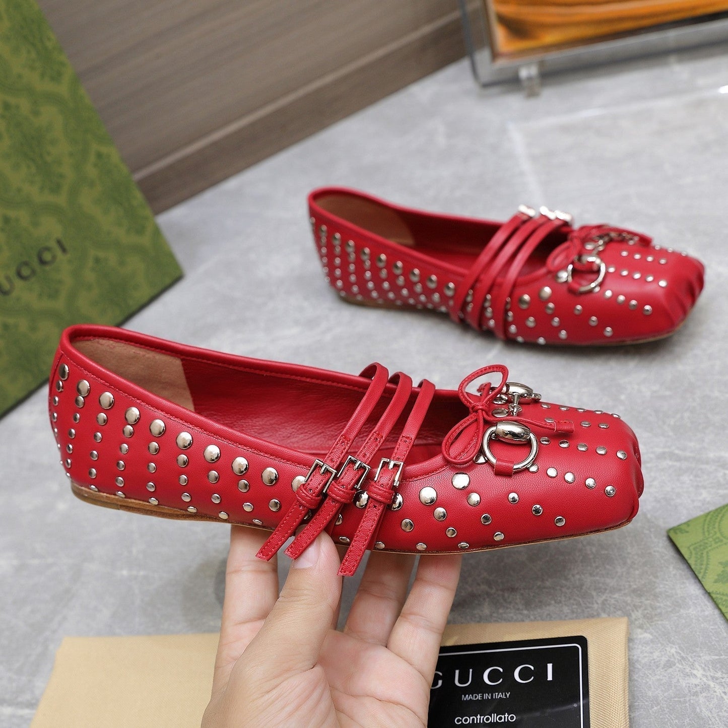 GG HORSEBIT BALLET FLAT RED HORIZONTAL STRAPS LAMBSKIN