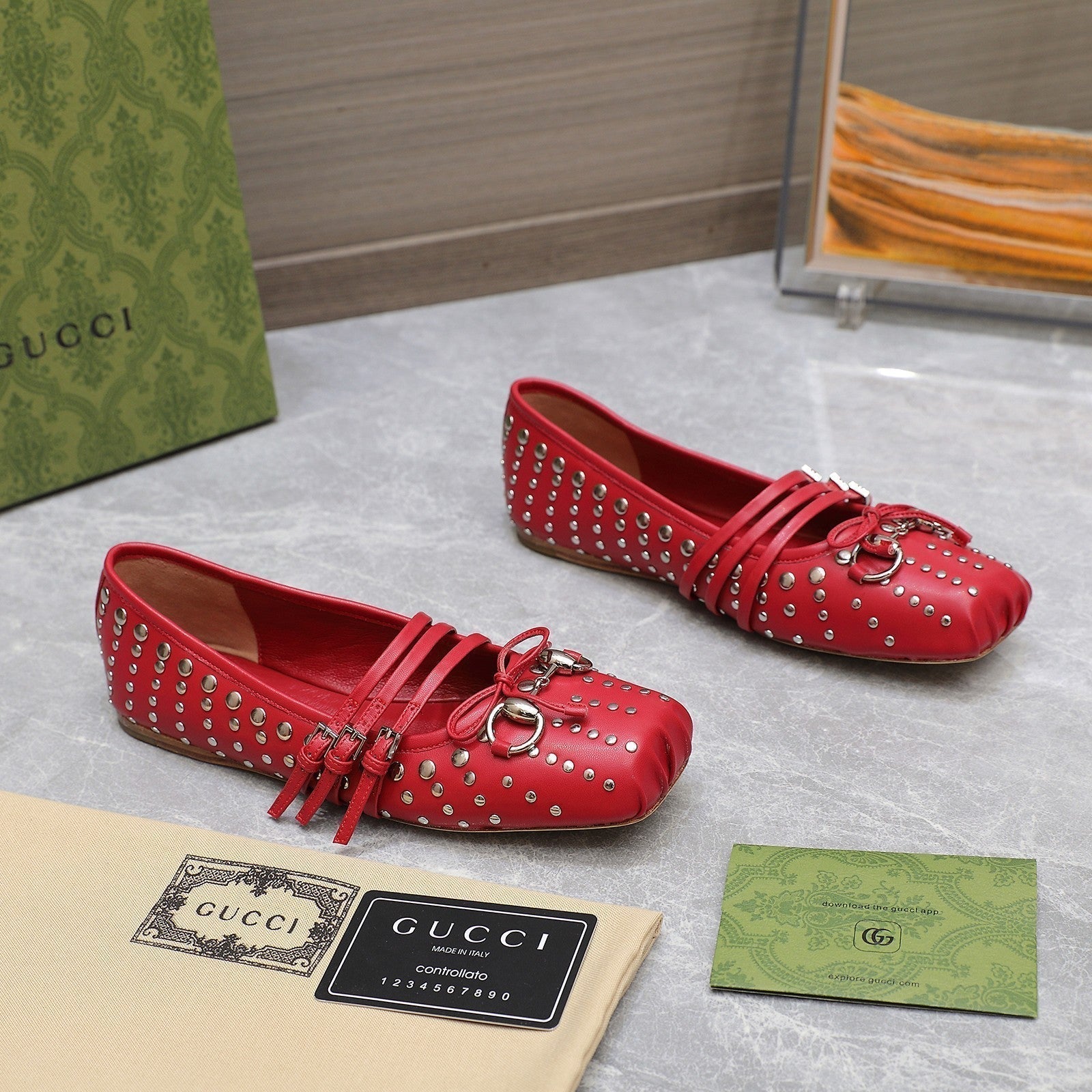 GG HORSEBIT BALLET FLAT RED HORIZONTAL STRAPS LAMBSKIN