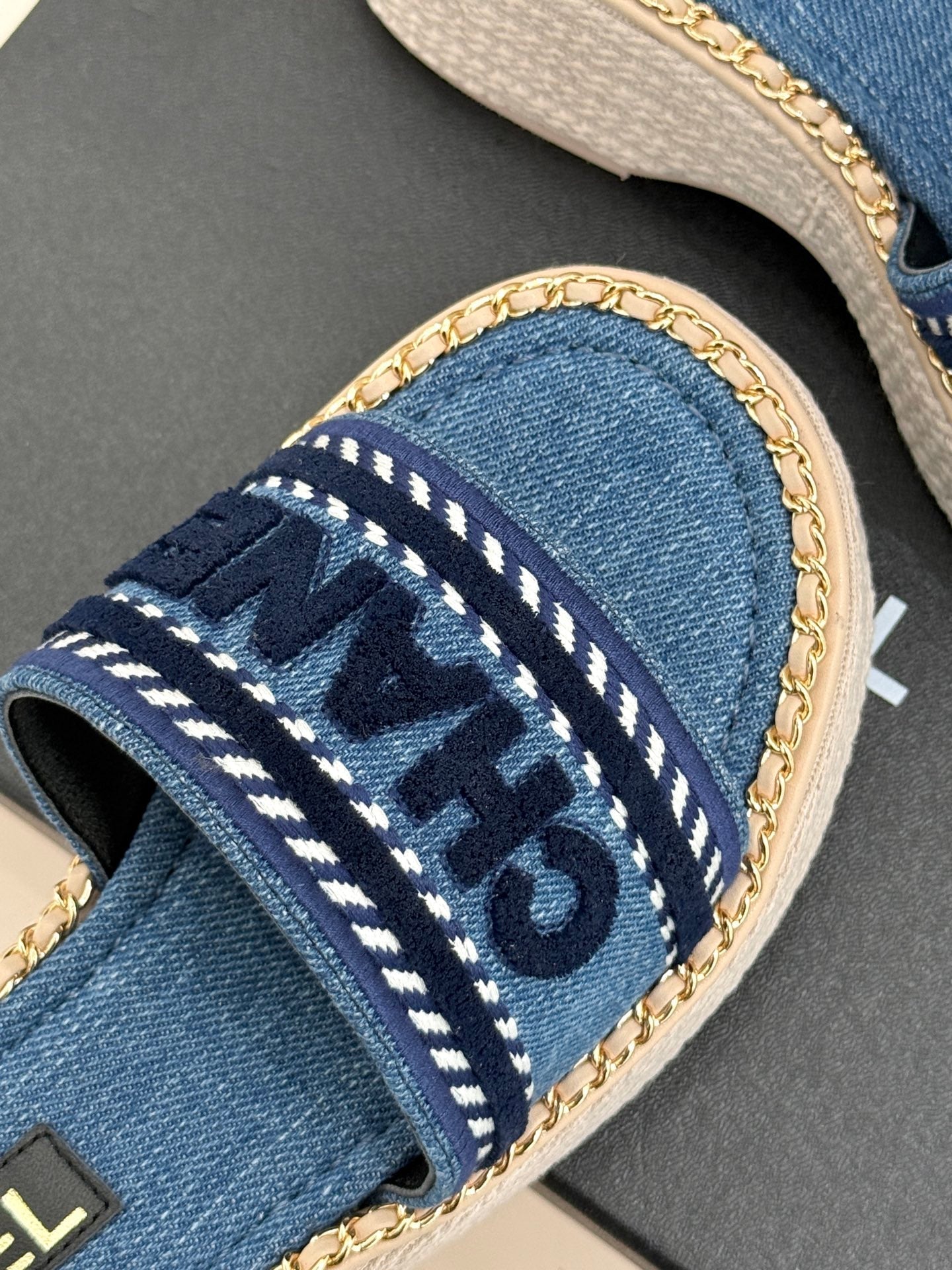 THICK SOLE WEDGE SLIPPERS IN CLASSIC BLUE DENIM FABRIC