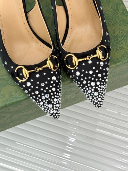 HIGH SLINGBACK 8.5 CM IN BLACK FABRIC WITH RHINESTONE EMBELLISHMENTS