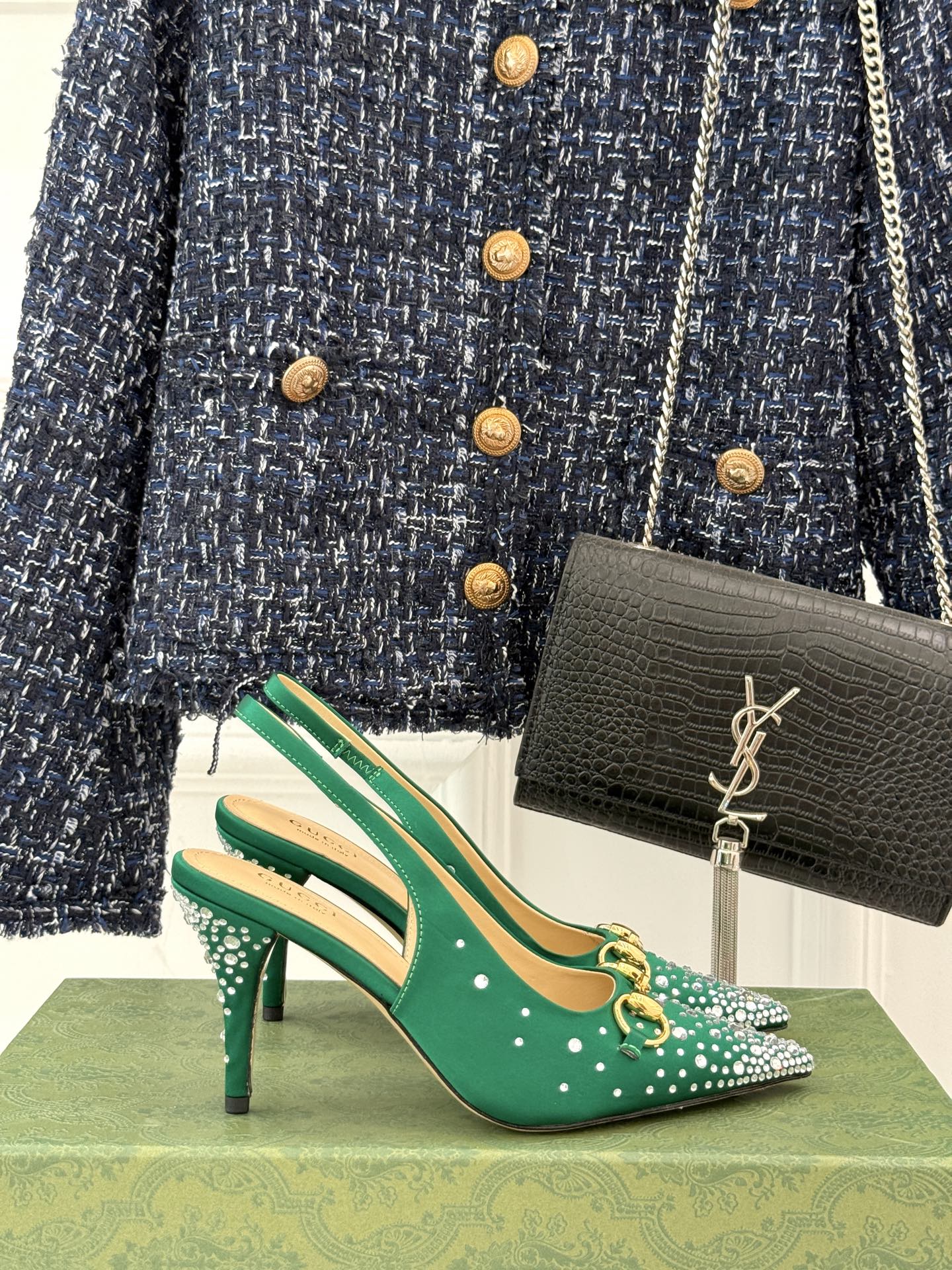 HIGH SLINGBACK 8.5 CM IN GREEN FABRIC WITH RHINESTONE EMBELLISHMENTS
