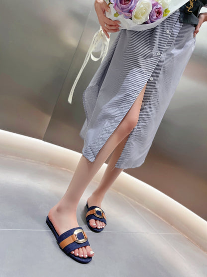 SLIDE MULE IN NAVY BLUE DENIM AND BROWN CALFSKIN GOLD HARDWARE