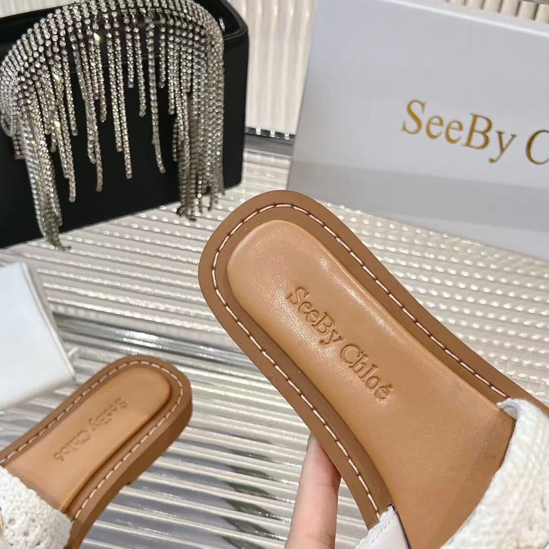 WOVEN SLIDE MULE IN WHITE WOOL AND BROWN LAMBSKIN GOLD HARDWARE