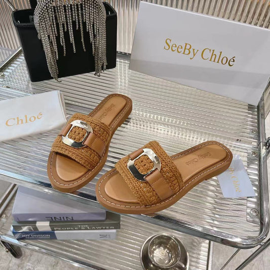 WOVEN SLIDE MULE IN RUSSET BROWN WOOL AND LAMBSKIN GOLD HARDWARE