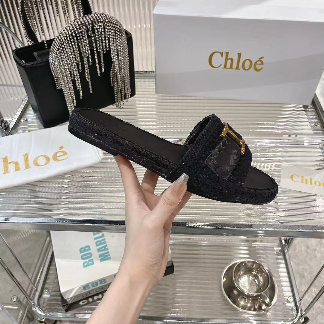WOVEN SLIPPER IN BLACK WOOL AND LAMBSKIN GOLD HARDWARE