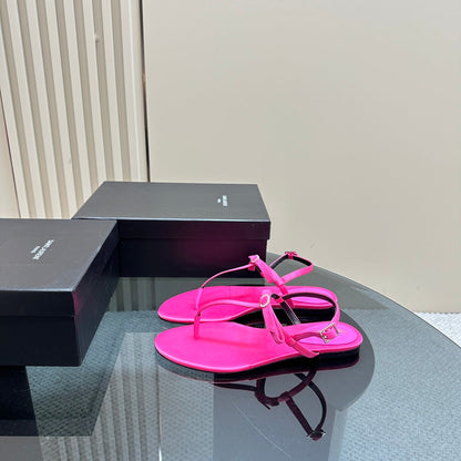 SL CRYSTAL T-STRAP FLAT SANDAL BRIGHT PINK SATIN