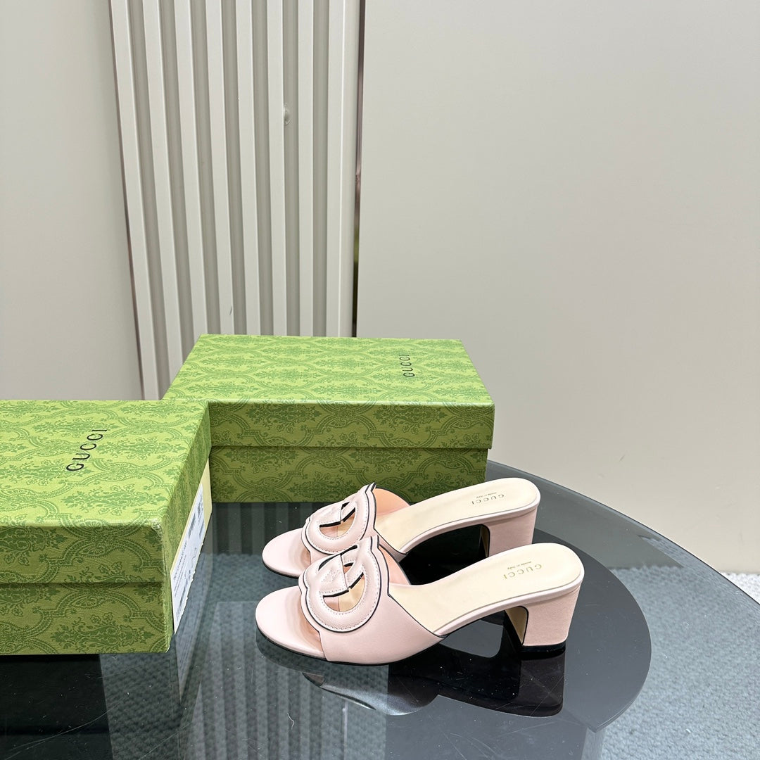 MID-HEEL 5 CM MULE IN LIGHT PINK CALFSKIN