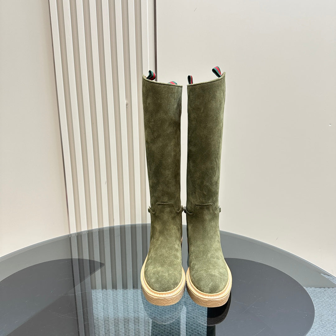 SLIM HORSEBIT KNEE BOOTS WITH WEB IN KHAKI GREEN SUEDE