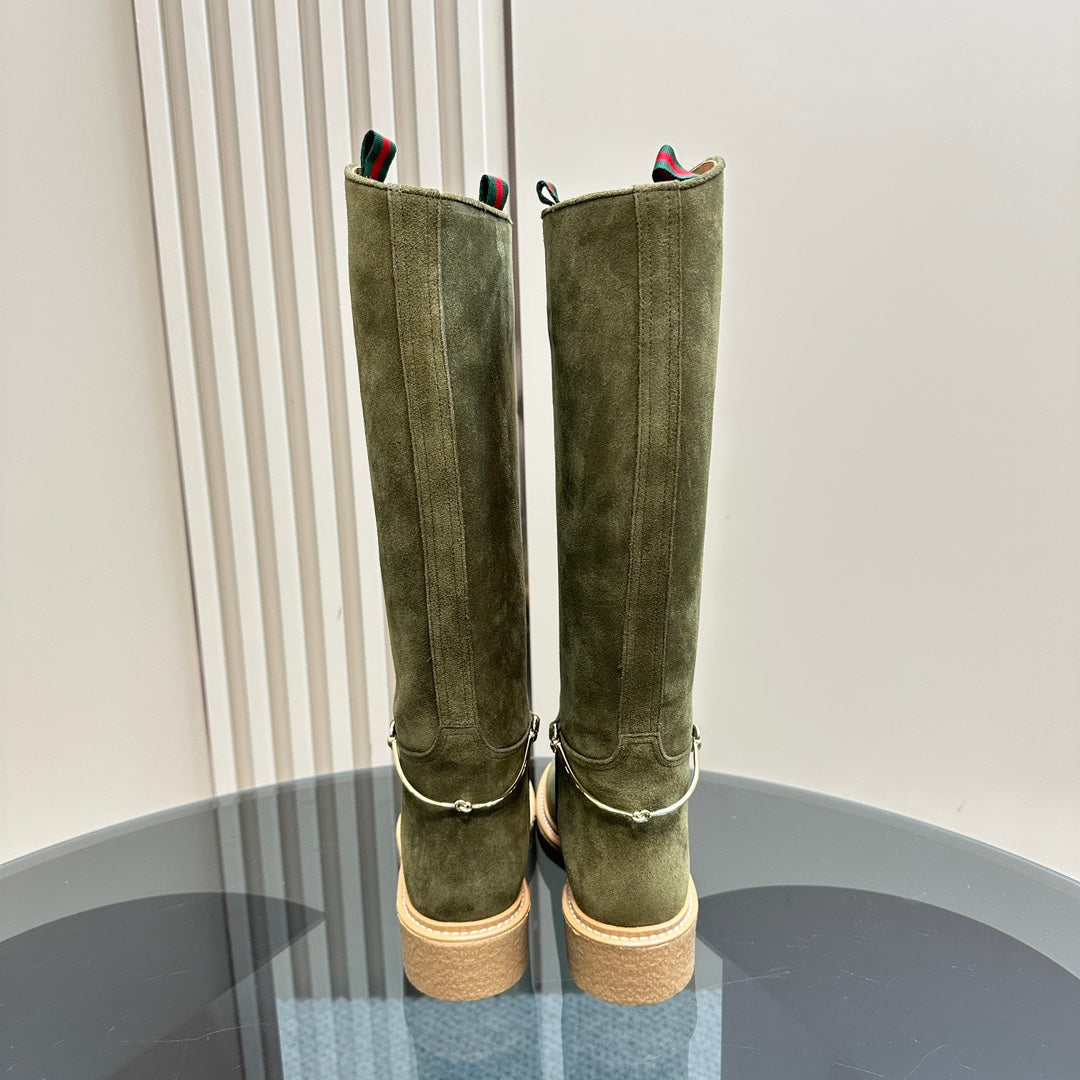 SLIM HORSEBIT KNEE BOOTS WITH WEB IN KHAKI GREEN SUEDE