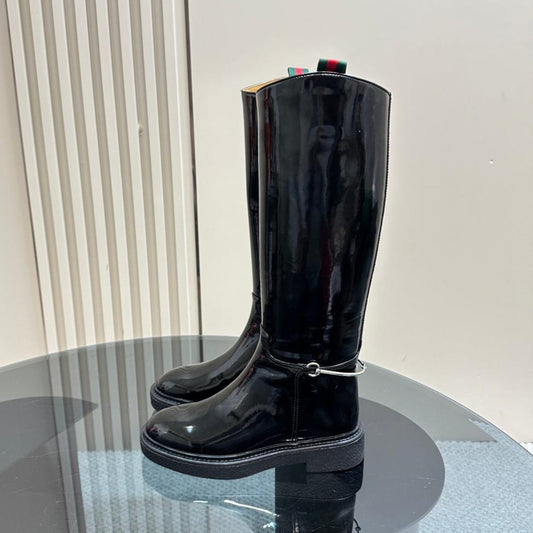 SLIM HORSEBIT KNEE BOOTS WITH WEB IN BLACK GLOSSY CALFSKIN