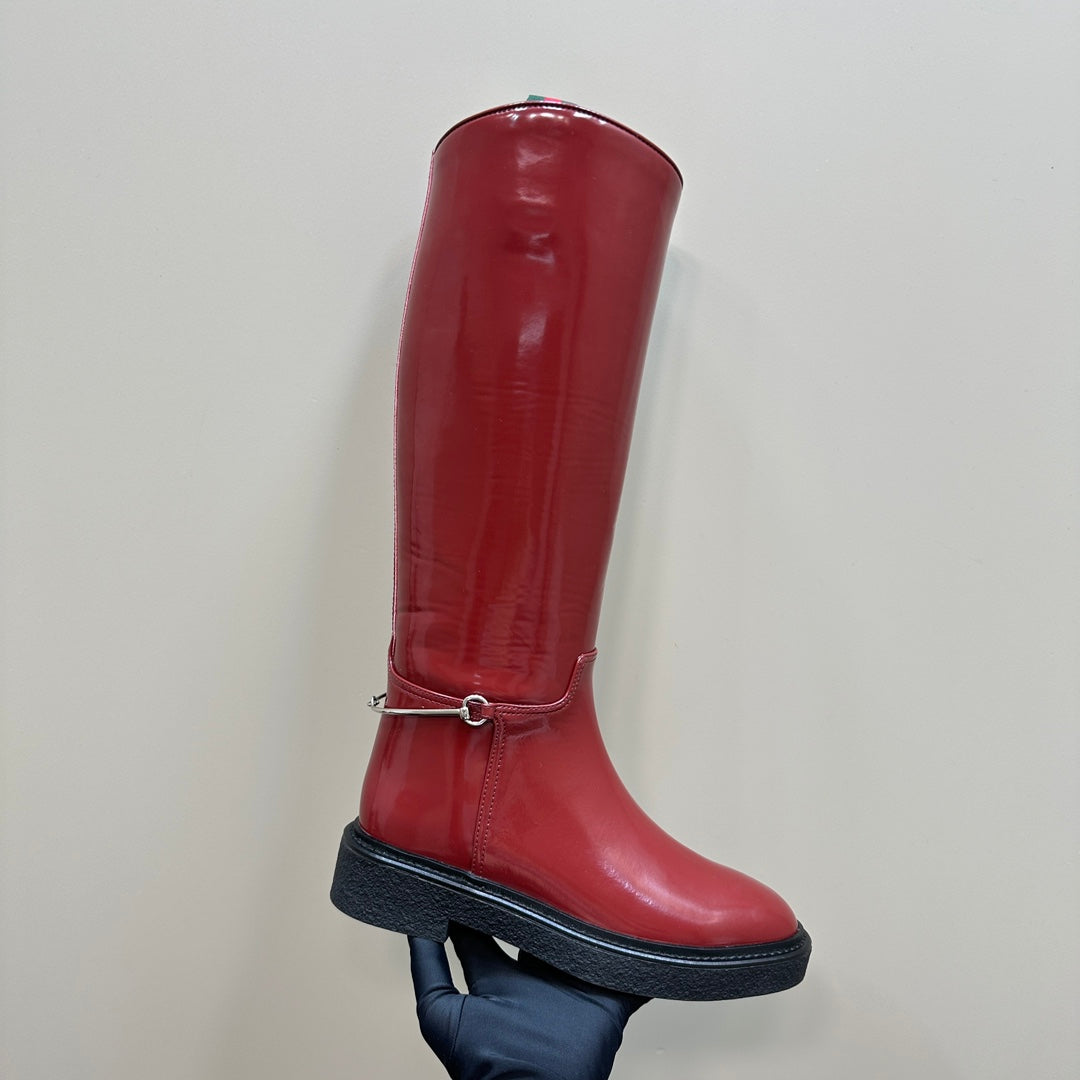 SLIM HORSEBIT KNEE BOOTS WITH WEB IN RED GLOSSY CALFSKIN