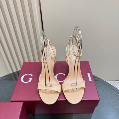 STRAP HIGH BAMBOO-EFFECT HEEL SANDAL IN BEIGE PATENT CALFSKIN