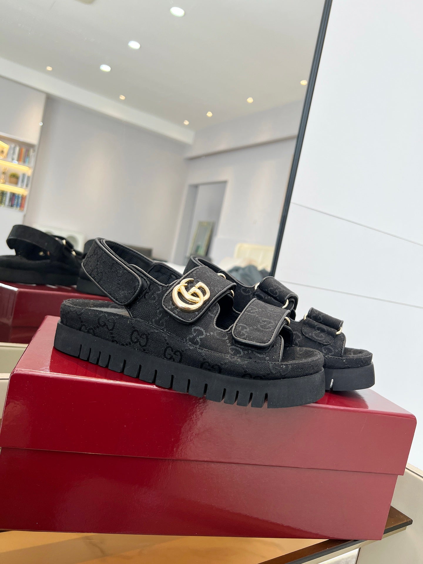 VELCRO STRAP SANDALS IN BLACK MONOGRAM CANVAS GOLD HARDWARE