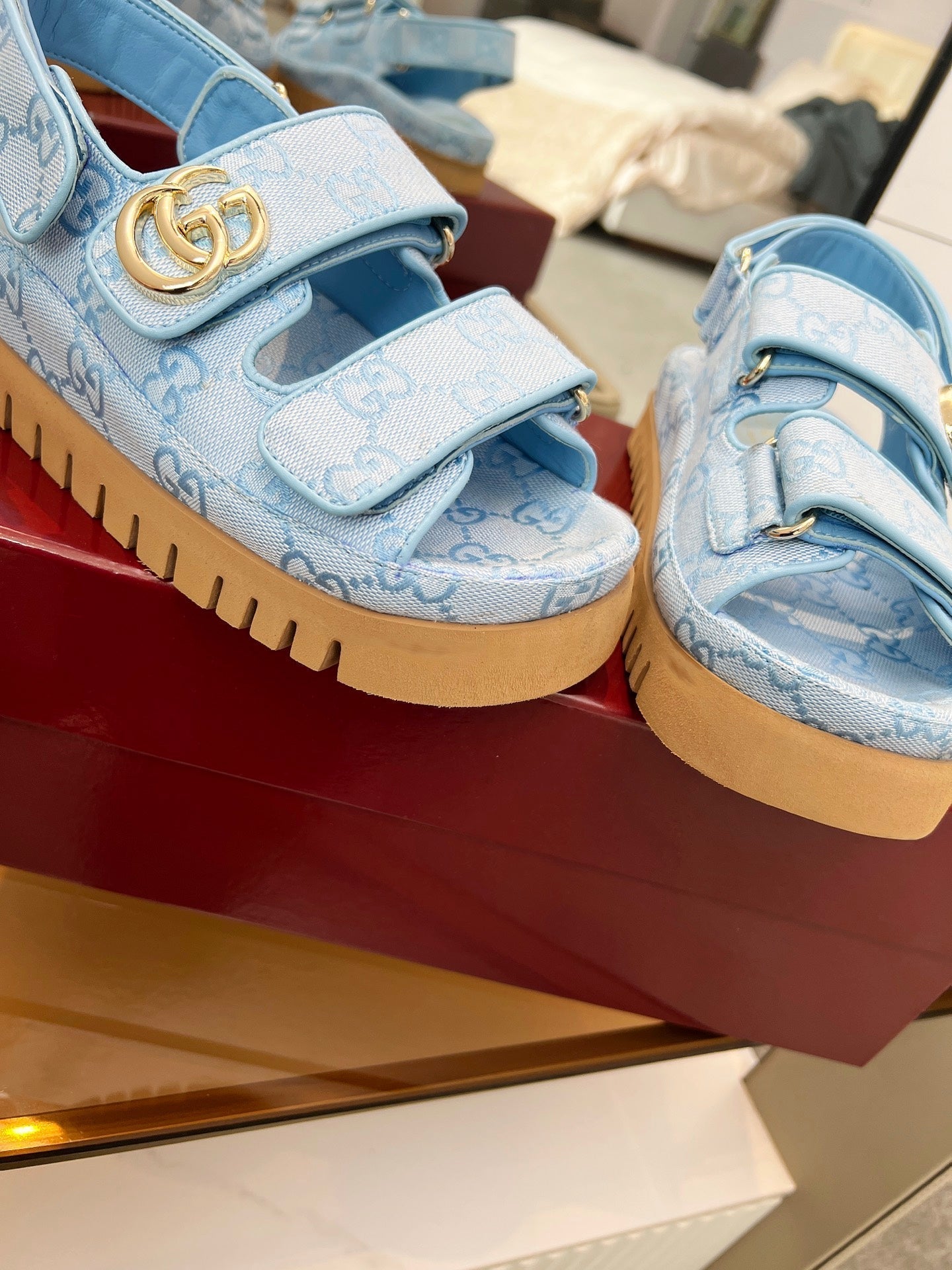 VELCRO STRAP SANDALS IN SKY BLUE MONOGRAM CANVAS GOLD HARDWARE