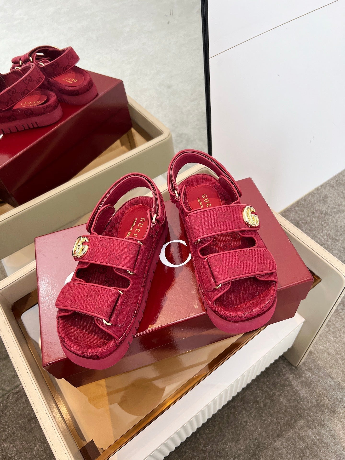 VELCRO STRAP SANDALS IN BRICK RED MONOGRAM CANVAS GOLD HARDWARE