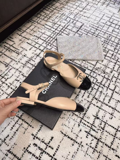 FLAT SLINGBACKS IN MACAROON BEIGE MIX BLACK CALFSKIN