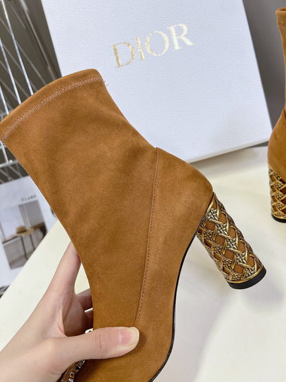 ICON HEELED ANKLE BOOT BRONZE BROWN SUEDE 8 CM WITH GOLD LOGO