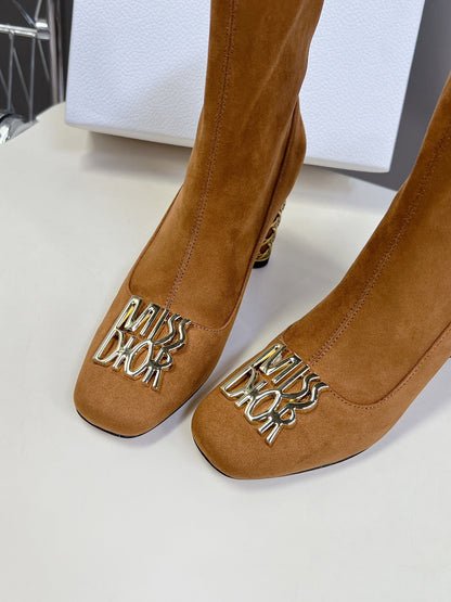 ICON HEELED ANKLE BOOT BRONZE BROWN SUEDE 8 CM WITH GOLD LOGO